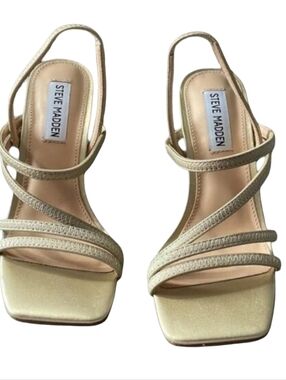 Steve Madden Newsflash Gold Leather Thin Strap Stiletto Open Toe Dress Sandals S